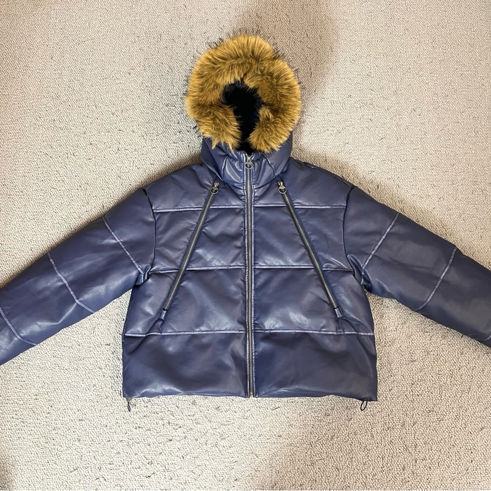 Navy Puffer Jacket with Faux Fur Trim